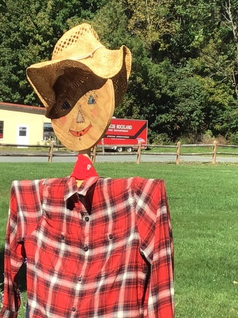 Not too scary: a scarecrow created by the Roscoe-Rockland Garden Club smiles for the camera.